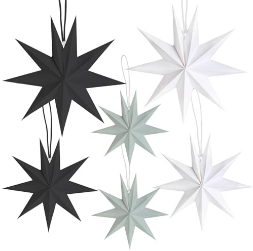 Fairblo 6 Stück Papiersterne Weihnachten 25 cm x 2, 30cm x 2 und 40cm x 2 Faltsterne zum Aufhängen Papiersterne Weihnachtsstern Papier für Fenster Tischdeko Dekoration (Schwarz, Weiß und Grau)