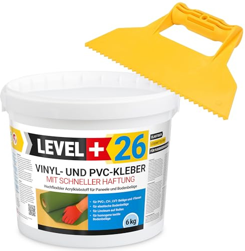 Level Plus 26 Vinylkleber PVC LVT CV Paneele Teppich 6kg Vinyl Fliesen Bodenbeläge Flex Klebstoff Bodenkleber Lösemittelfrei Schnelle Haftung + Dreieckzahnspachtel Set