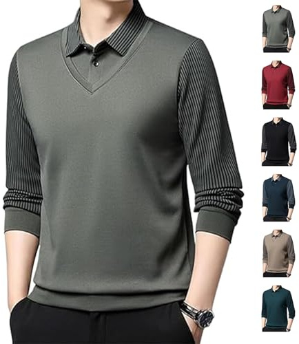 Chemise à revers rayée à deux pièces pour hommes, haut à revers à deux pièces avec manches longues pour hommes, chemise pour hommes, polos, Vert, XXL