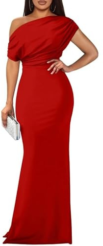 TANMESSO Vestido largo ajustado con hombros descubiertos para mujer, elegante, sin mangas, formal, para fiesta de noche, vestido largo con abertura, rosso, M