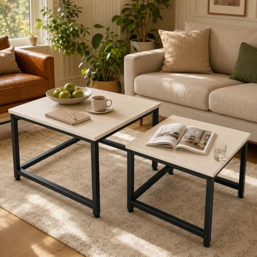 Hawthyhome wohnzimmertisch aus Holz mit Metallrahmen, Quadratisch couchtisch 2er Set & Moderner Beistelltisch Kaffeetische für Wohnzimmer Schlafzimmer, Satztisch Hellbeige