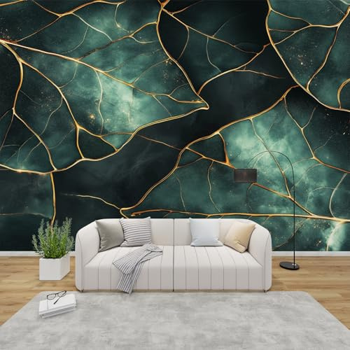 3D Tapete Blätter Schlafzimmer, Fototapete Blätter, Vliestapete Smaragdgrün Gold, Tapeten Wohnzimmer Muster, Botanisch Wand Deko Kinderzimmer, Wandtapete, Mustertapete 150x105 cm