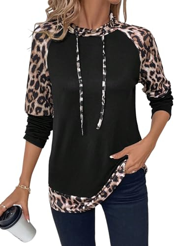 GORGLITTER Sweatshirt damtröja långärmad leopardtryck tröja långärmad tröja raglanärmar hösttröja ledig tröja höst outfit, svart, L