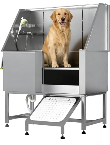 JFHID Professional Stainless Steel Dog Washing Station for Large, Medium, and Small Dogs, Height Adjustable Dog Bathtub with Ramp, Pet Grooming Bath Tub for Indoor Outdoor, Right Door