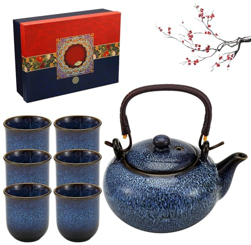 Yocdunm Japanese Porcelain Tea Set for 6, 650ml Ceramic Teapot with Gift Box,Kiln Glaze Chinese Teapot for Adults Tea Lovers Men Women Gift