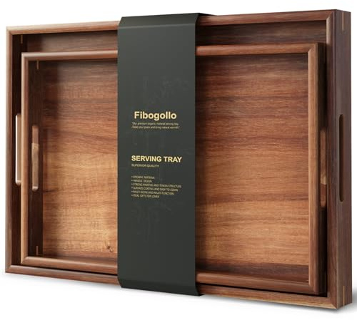 Fibogollo 2er Set Akazienholz Serviertablett, Deko Tablett Serviertabletts mit Griffen,Groß Küchentablett Servierplatten für Frühstück Geschirr Getränke