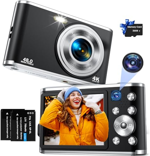 Digitalkamera, AutoFocus 4K Fotokamera mit Dual-Kamera, Fotoapparat Digitalkamera mit 32GB Karte,16X Digitalzoom,2,8 großem Bildschirm Vlogging Kamera Tragbare Point-and-Shoot-Kameras für Teenager