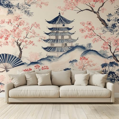MKBKLI Carta da Parati Fotografica Pagoda più livelli fiori ciliegio stile giapponese - Design per Pareti Camera - Fotomurali in Tessuto Non Tessuto - 300Cm (L) x210Cm (A)