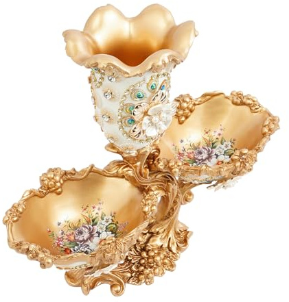 POIOKLJRE Two Tiered Fruit Bowl Resin Decorative Plate with Golden Hand-Applied Diamond Process For Displaying Fruits Candies Snacks Home Table Centerpiece