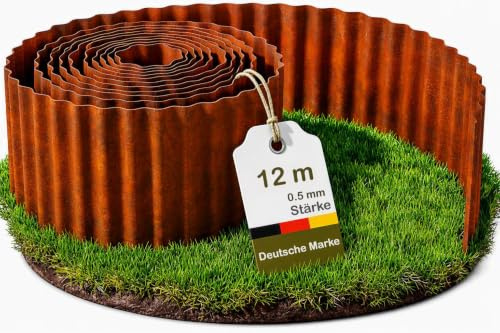 novaterra® Rasenkante aus gewelltem Cortenstahl - 12m, 15cm Höhe, 0,3mm Stärke - Rostoptik Beetbegrenzung, Flexible Rasenkante für Garten & Mähroboter