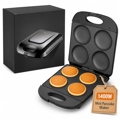 Mini máquina para hacer panqueques, máquina eléctrica para hacer arepas, 1400 W, antiadherente, hacer 4 flapjacks únicos, para cocinar muffins, huevos fritos, tortilla de hamburguesas