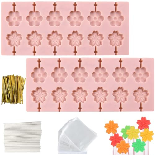 YXHZVON 2 Silicona Bandeja Pop Pastel palo Mould, 12 Cavidades Flor Molde para Paletas de Silicona con 100 Palitos + Envoltorios para Cake pops + Lazos Retorcidos para Lollipop Party Cupcake(C)