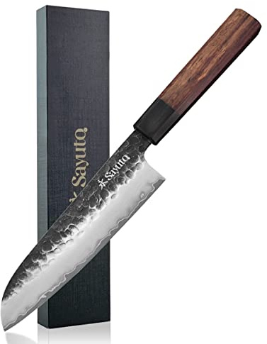 Sayuto - Couteau Santoku Sequoia San Mai Design Japonais Lame 18cm 3 Couches Haute Teneur en Carbone Finition Brute Manche Bois de Séquoia - Coffret Cadeau Inclus