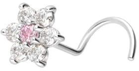 PIERCINGLINE 14 Karat oder 18 Karat Gold Nasenpiercing Spirale MOISSANIT-BLUME | Piercing Nase Stecker | Farbauswahl