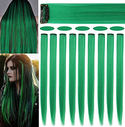Rhyme 9 PCS 21 Glatt gefärbte Haarverlängerungen Clip In/On Lila Haarverlängerungen Perücke Party Highlight MultiColors Haarteile für Frauen/Mädchen (Grün) | 55cm Bunte Haare zum Einflechten,Haarsträhnen zum Einklipsen,Synthetik Perücken,Leicht, Gerade,Knitterfrei,Zubehör,Geschenk