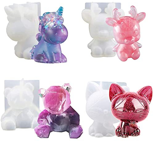 Whcctl Stampi in Resina Animale 3D, 4 Pezzi Stampi per Colata di Resina Epossidica, Stampi in Resina Epossidica di Cristallo, Stampi in Silicone per Animali Fai da Te, per Candela Soap Fatte a Mano