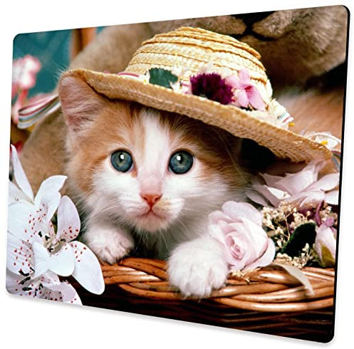 Tapis de souris carré personnalisé pour gaming, bureau - Motif chat et fleur - Base en caoutchouc antidérapante - Pour ordinateur de bureau et ordinateur portable