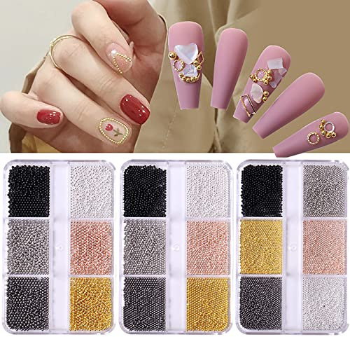 3 Boîte Mini Caviar Bille Perle, Beads Perles 3D Charme Strass Accessoires pour Nail Art Décorations d'Embellissement de Bricolage (0.8mm, 1mm, 1.2mm)