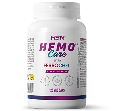 Ferrochel™ Bisglicinato de Hierro - 30 MG = 1 Cápsula - Hemo Care de HSN | 120 Cápsulas Vegetales de Hierro de ALTA Absorción con Vitamina C + B12 + Ácido Fólico | No-GMO, Vegano, Sin Gluten