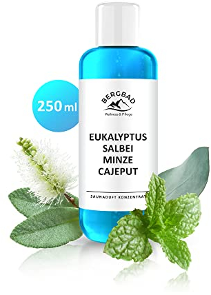 BERGBAD 250ml Saunaaufguss EUKALYPTUS MINZE SALBEI CAJEPUT, wohltuendes, erfrischendes Sauna-Aufgussmittel mit naturreinen ätherischen Ölen