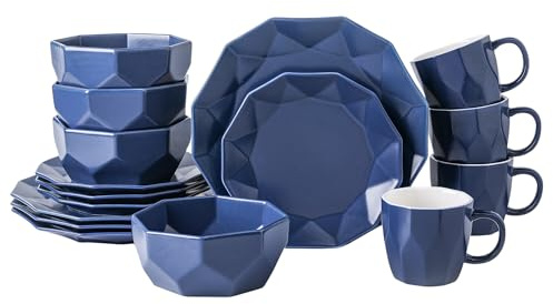 Stone + Lain Jamie Porcelain 16-Piece Geometric Dinnerware Set, Blue