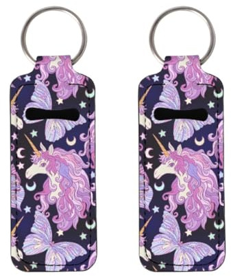 ENLACHIC 2Pcs Unicorn Print Chapstick Holder Keychain Clip-on Lip Balm Holder Chapstick Sleeve Pouch Lipstick Holder Keychain for Women Girls,Unicorn Butterfly