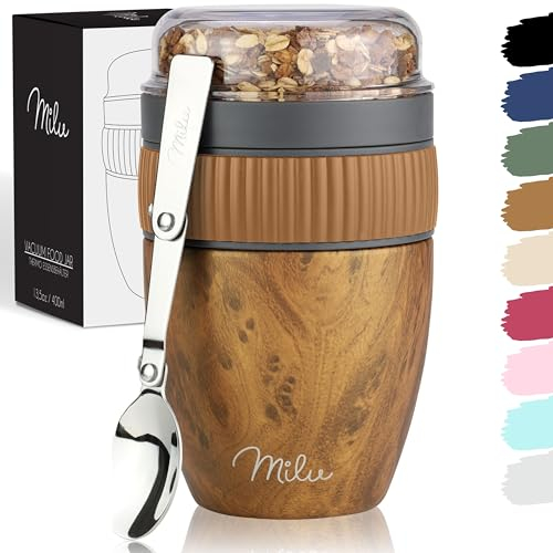 Milu Müslibecher to go 400ml MüsliMax I isolierter Edelstahl Joghurtbecher für Müsli I auslaufsicherer Becher mit Löffel für Yoghurt/Porridge (Holzoptik)
