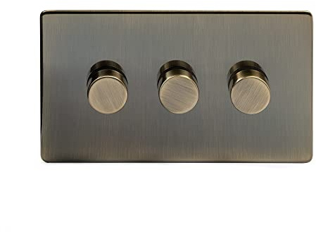Soho Lighting Antique Brass 3 Gang 2 Way Trailing Edge Dimmer Switch Screwless 100W LED (150w Halogen/Incandescent)