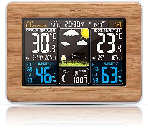 ATAAY Estación meteorológica inalámbrica Digital atómica con Sensor inalámbrico de termómetro de Temperatura Interior/Exterior - Reloj Despertador de estación meteorológica de Estilo bambú con ale