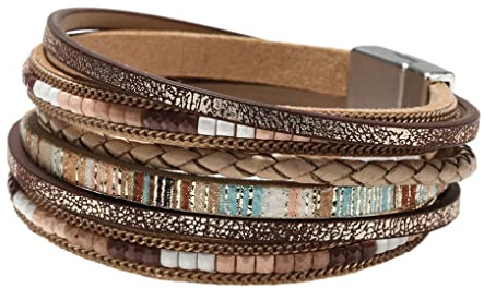 Ailan Vintage Leather Wrap Bracelets Boho Multi-Layer Crystal Beads Cuff Bracelet Fashion Handmade Bohemian Magnetic Snap for