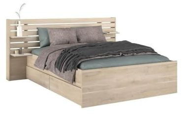 Escale Erwachsener Bett 160x200 cm - Japan Chene Dekor - 2 Schubladen + Bettkopf - L222.8 x H98.2 x D216,8 cm - Made in Frankreich