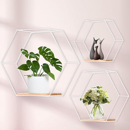 panthem Hexagon Wandregal Weiß Metall 3er Set, Regal Wand Deko Hängeregal Loft Wandregale, Wand Regal Weiss für Wanddeko in Wohnzimmer, Schlafzimmer, Bad, Café und Hotel