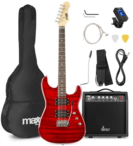 Max GigKit Beginner Electric Guitar Starter Kit - Quilt Top Full-Size 22 Fret Electric Guitar, 40W Amplifier, Accessories & Online Lessons Included - Dark Red Finish
