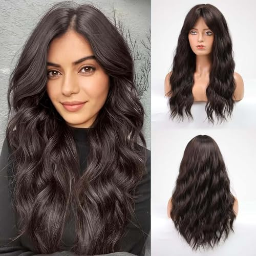 HAIRCUBE Dunkelbraune Perücke mit Pony, lockige Perücke mit Pony für Frauen, Kunsthaar, natürlicher Look