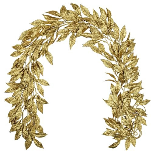 Hollyone 3 Stück Weihnachten Girlande Glitzer, 183cm Magnolien Blätter Girlande, Gold Weihnachtsbaumschmuck Indoor Outdoor Hängende Girlande Ornamente für Fest, Feiertage, Kamine Deko