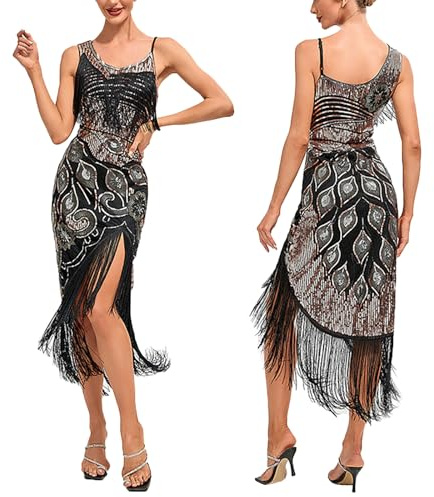 Ansenesna Charleston Kleid 20er Jahre Quaste Silvester Kleid Damen Elegant mit Schlitz Abendkleid Damen Vorne Kurz Hinten Lang Partykleid Frauen Spaghettiträger Festliche Rockabilly Kleider