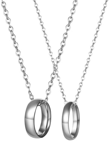 Cupimatch Collier Couple 2 pcs Collier d'amitié Pendentif Bague Personnalisé en Acier Inoxydable avec Chaîne de 61 cm- Cadeau Saint Valentin pour Homme et Femme