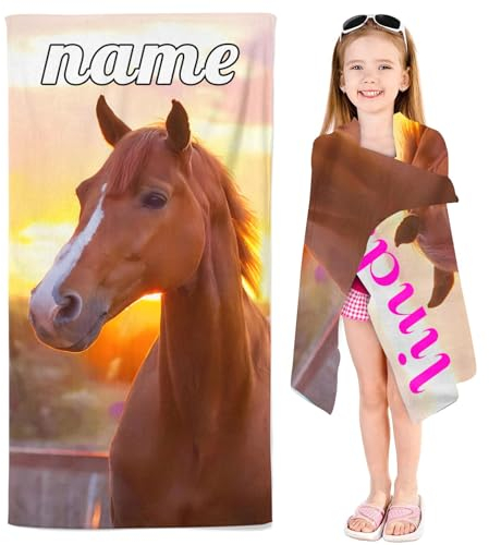 SMchwbc Handtuch Pferd Kinder Badetuch mit Namen, Strandtuch Kinderhandtuch personalisiert 140x70cm, Mikrofaser Pferd Strandtuch Groß 100x200cm Badetuch Duschtuch Kinder Pferd (1,60 x 120 cm)