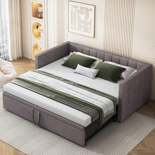 Dolamaní Ausziehbett gleiche höhe 90/180x200 cm, Schlafsofa für Erwachsene 2 Personen, Bett Ausziehbar zum Doppelbett, Polsterbett Samt (Dunkel-Grau)