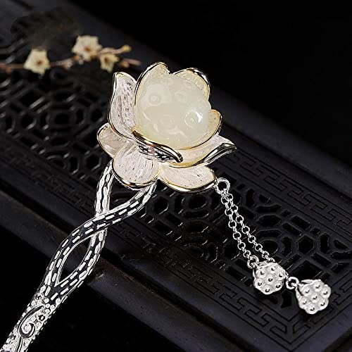 Haarschmuck, Vintage-Haarstäbchen, Haarnadel, chinesische Haarstäbchen aus S925-Silber, verzierte Jade-Haarstäbchen mit Quaste, gedrehter Haarknoten-Schmuck for Braut, Mädchen und Frauen