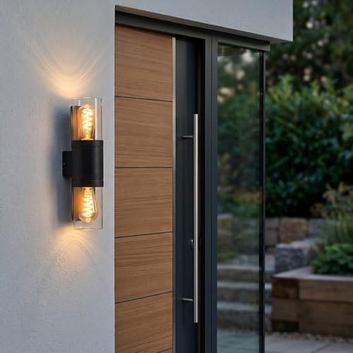 HOFSTEIN Außenwandleuchte Morbak, Außenwandlampe aus Metall/Glas in Schwarz/Klar, moderne Wandleuchte Up im Retro/Vintage/Industrial-Design,2 x E27, IP44, Eingangsbereich, Haustür, Terrasse, Hof