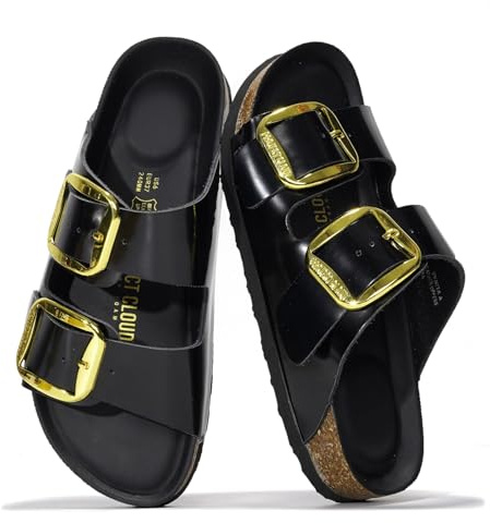 Project Cloud 100% Genuine Leather Flat Sandals for Women 2026 Comfortable Beach Essentials Womens Sandals Memory Foam Vacation Essentials Slides for Women Footwear (Santorini, Blackpat, 10)