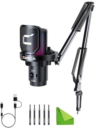 comica USB Mikrofon für Computer und Smartphone, 48 kHz/24 Bit RGB-Nierenkondensator Gaming Mikrofon für Podcasts, Streaming, Aufnahmen, Musikkreation, mit Galgenarmständer-Schwarz (Uni A)