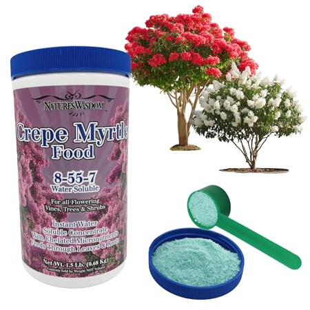 Natures Wisdom Crepe Myrtle Tree 8-55-7 Water Soluble Fertilizer Plant Food, Balanced Nutrient Blend for Flowering Trees, Shrubs and Vines | 1.5 Lb