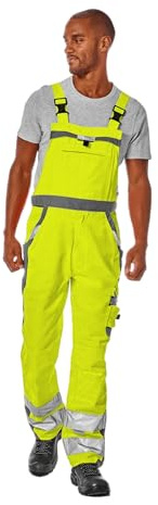 pka moderne Herren Warnschutz Latzhose -7 Taschen, Warnschutzklasse 2, 80% Polyester & 20% Baumwolle in Gelb Größe 48