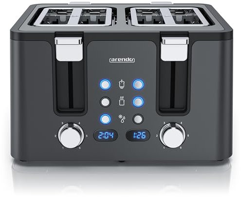 Arendo - Toaster 4 Scheiben Edelstahl - mit Brötchenaufsatz - 4 Schlitze - LED Anzeige Restzeitanzeige – Doppelwandgehäuse - Defrost Funktion - Krümelschublade - 6 Bräunungsgrade - Cool Grey Design