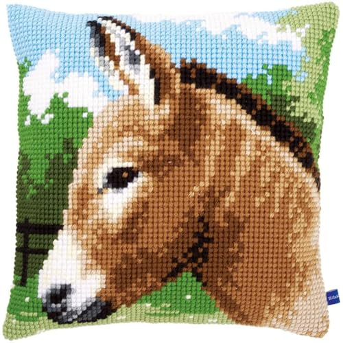 ORLUMY DIY Knüpfkissen Set Cartoon Esel Knüpfhaken Kits Fantasie Tiere Kissenbezug Stickerei Teppich Set Handarbeit Häkeln Kissen Stickset 43x43cm