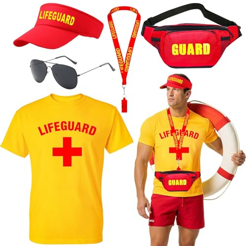 Glirop Life Guard Costume Set, Lifeguard Fancy Dress Include T-shirt Hat Fanny Pack Whistle Sunglasses Beach Costume Acccessories for Women Men Pool Party Halloween Cosplay