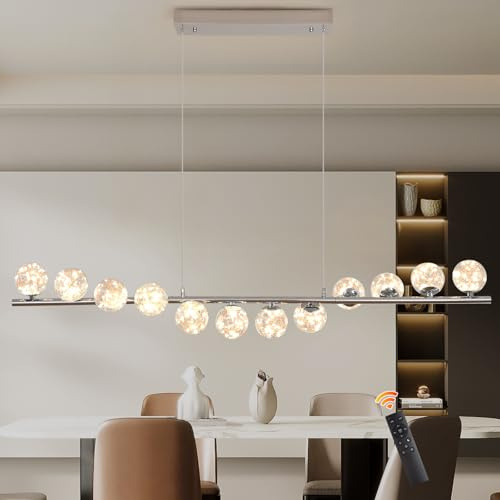 GEADI LED Lampadario Cromato, 120CM Lampada a Sospensione Moderna per Tavolo da Pranzo con 12 Globi di Vetro, Plafoniere a Soffitto Regolabile, Lampadari Lungo per Sala da Soggiorno, Cucine, Salotto