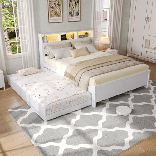 Zubaliya - Cama doble (120 x 200 y 90 x 190 cm, cama plana, cama familiar, con banda luminosa de ambiente, toma de carga integrada, con nido y almacenamiento en cabeza, marco de pino+MDF, color blanco